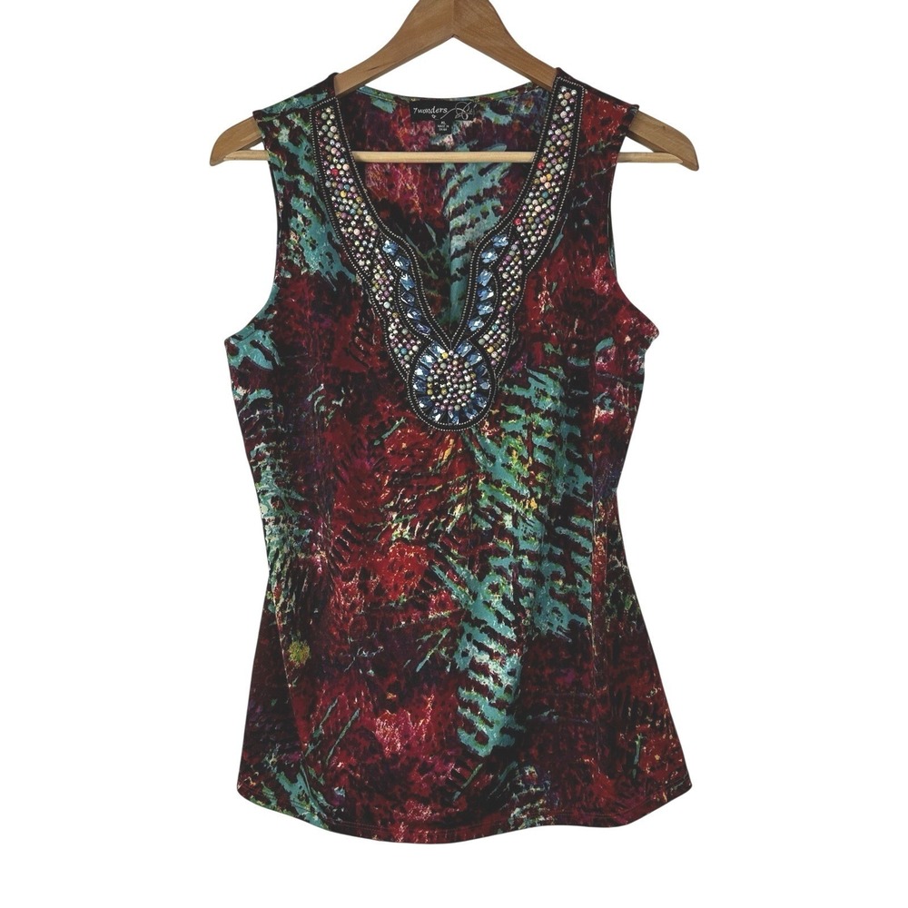 Y2K 90s Beaded Boho Blouse Size XL Colorful Abstract Print V Neck  7 Wonders Top